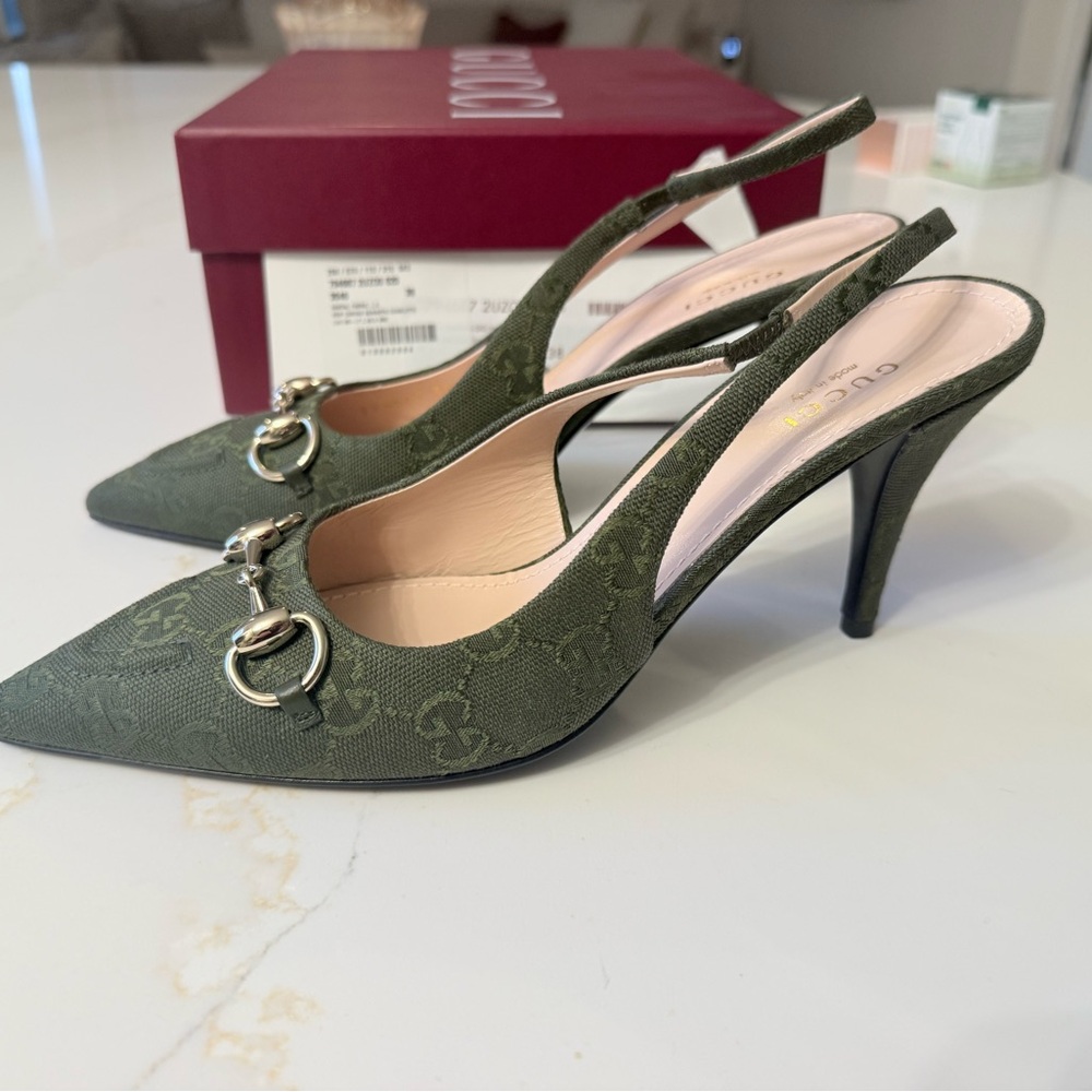 GUCCI SLINGBACK PUMP HORSEBIT GREEN CANVAS 38 - Picture 3 of 15